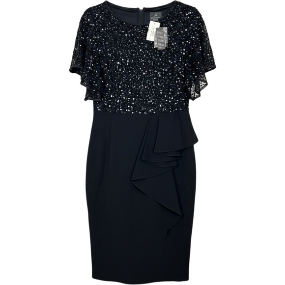 Adrianna Papell Dresses & Skirts - Adrianna Papell Sequin Sheath Dress Womens 14 Black Flutter Sleeve Ruffle Formal
